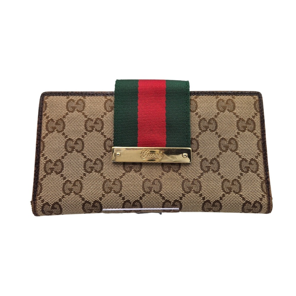 Gucci GG Canvas Web Stripe Flap Wallet Clutch Purse Brown Beige Authentic